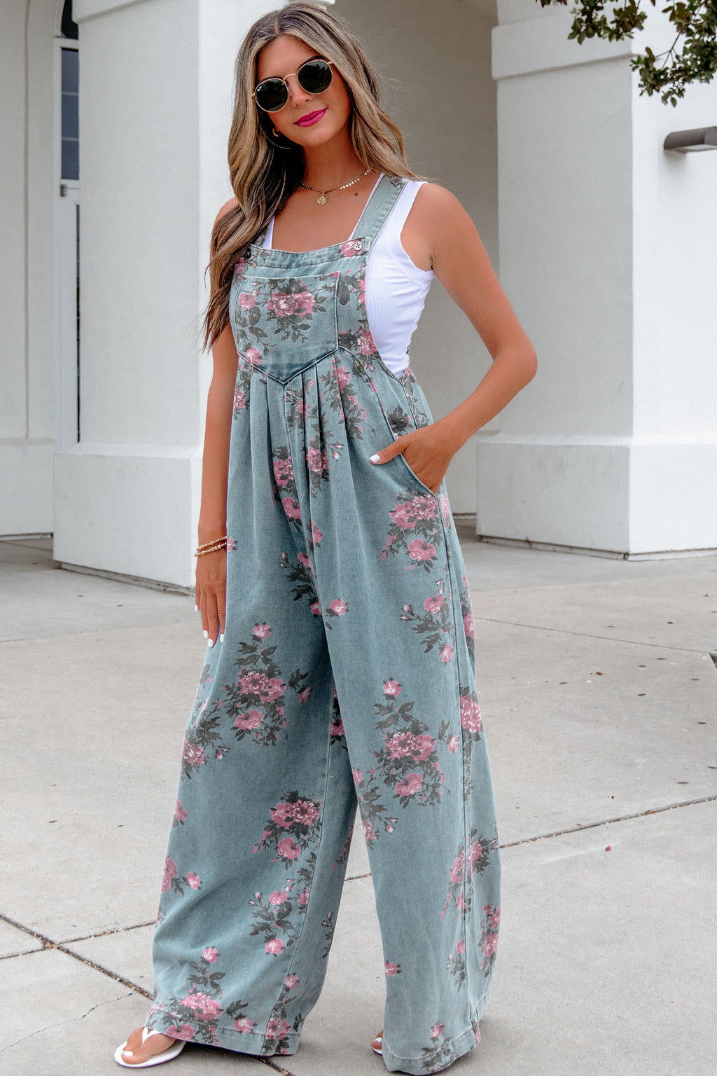 Women's Floral Denim Jumpsuit | Wide Leg High Waist – Agape Beauty