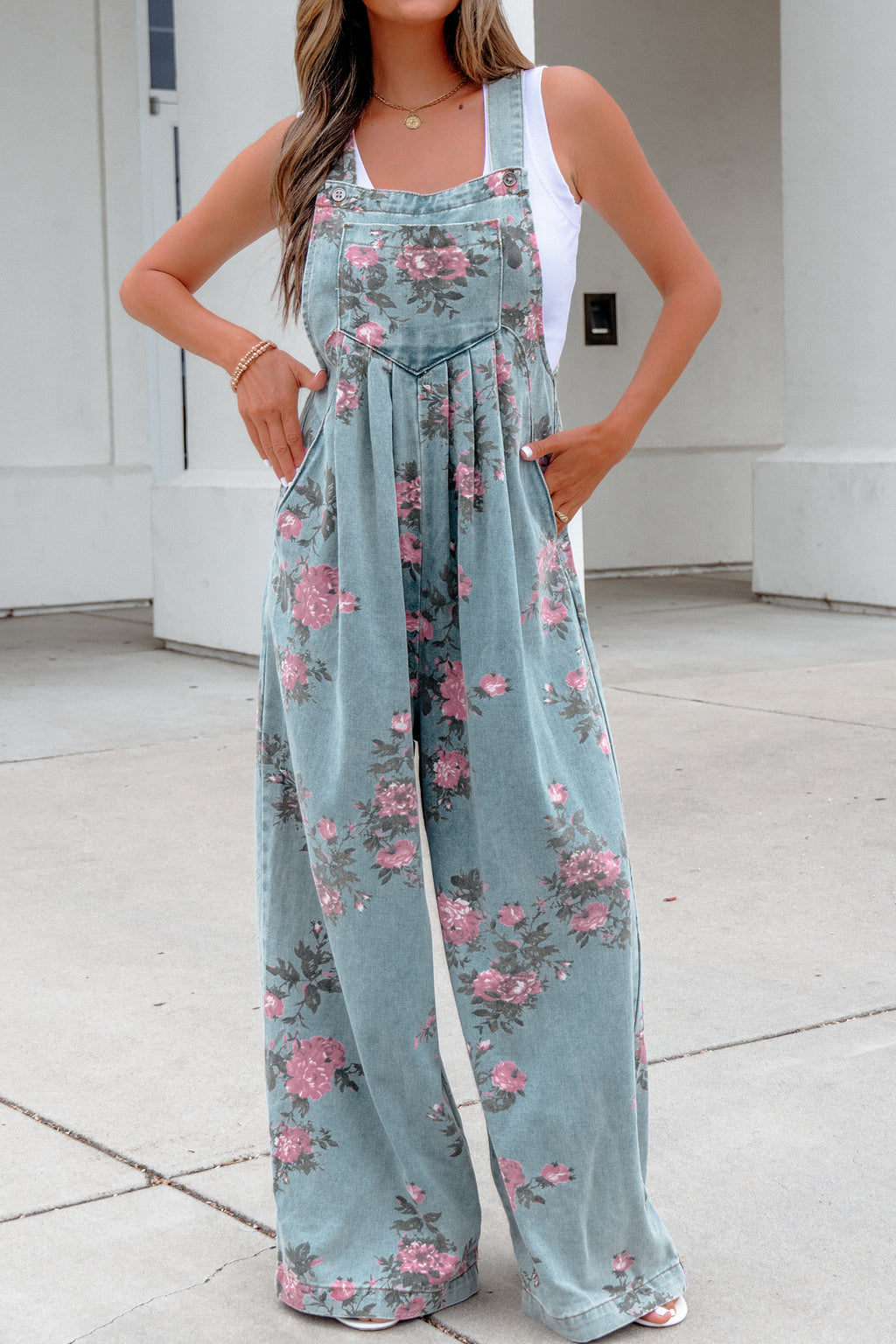 Women's Floral Denim Jumpsuit | Wide Leg High Waist – Agape Beauty