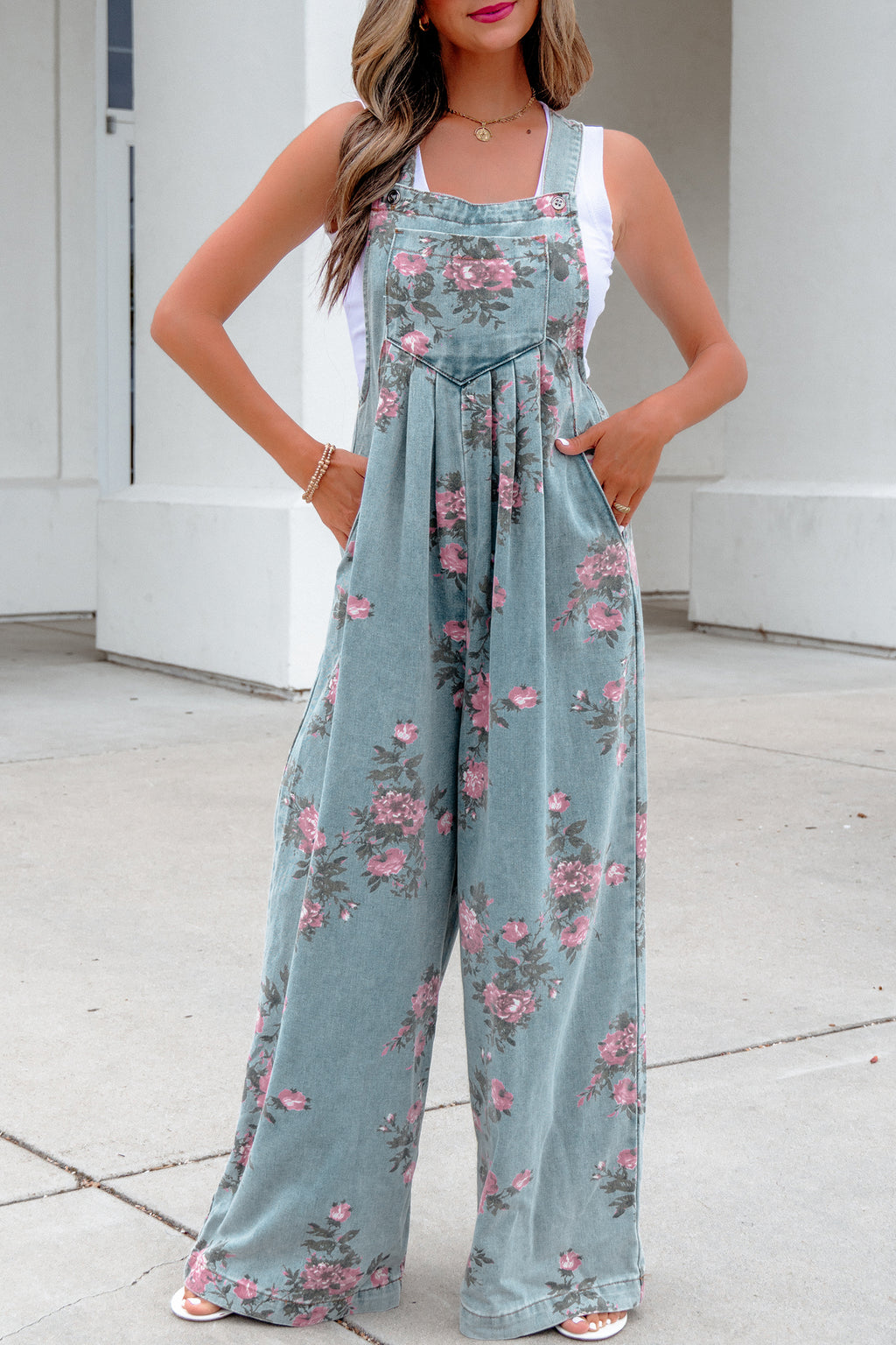 Women's Floral Denim Jumpsuit | Wide Leg High Waist – Agape Beauty