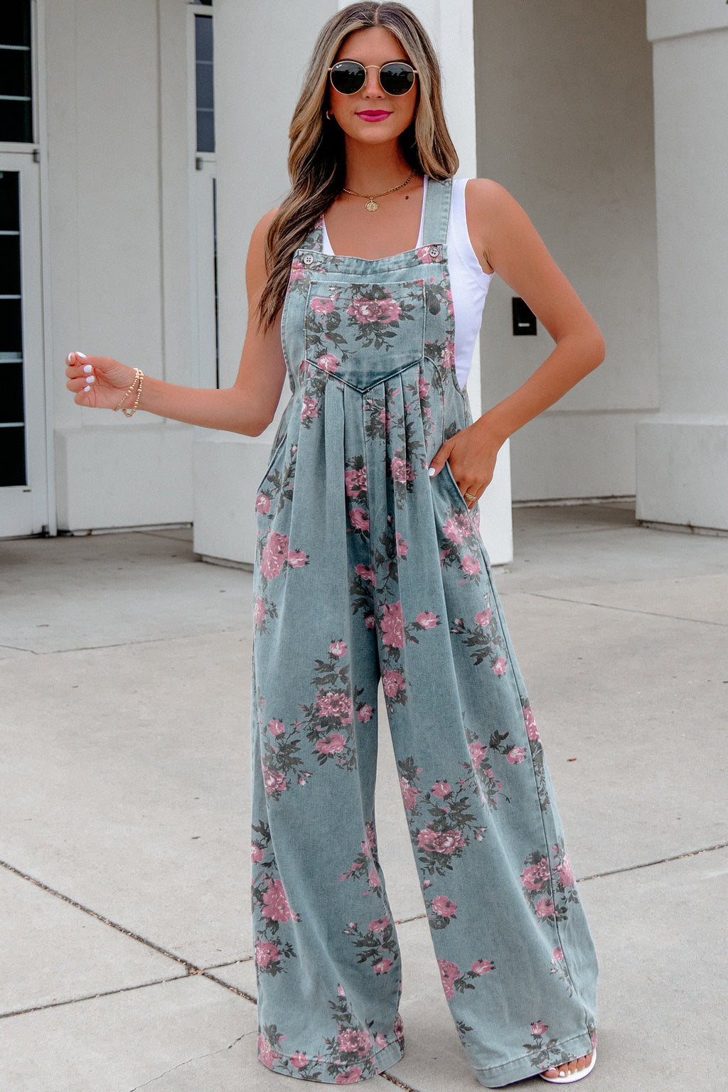 Women's Floral Denim Jumpsuit | Wide Leg High Waist – Agape Beauty