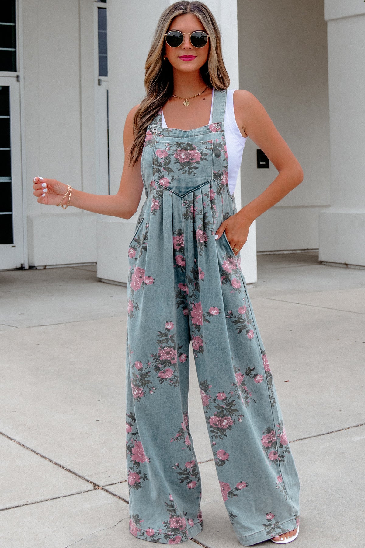 Women's Floral Denim Jumpsuit | Wide Leg High Waist – Agape Beauty