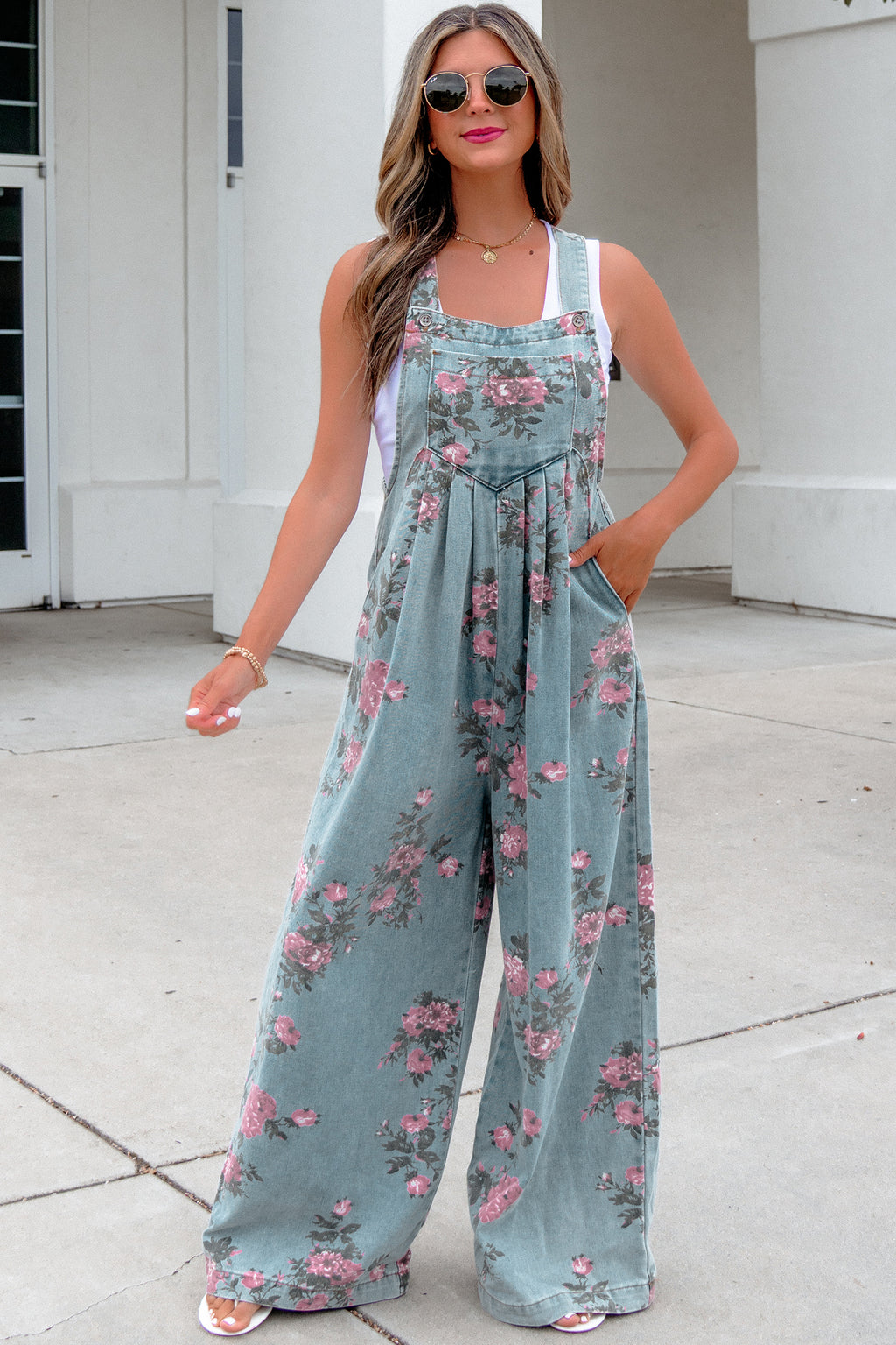 Women's Floral Denim Jumpsuit | Wide Leg High Waist – Agape Beauty