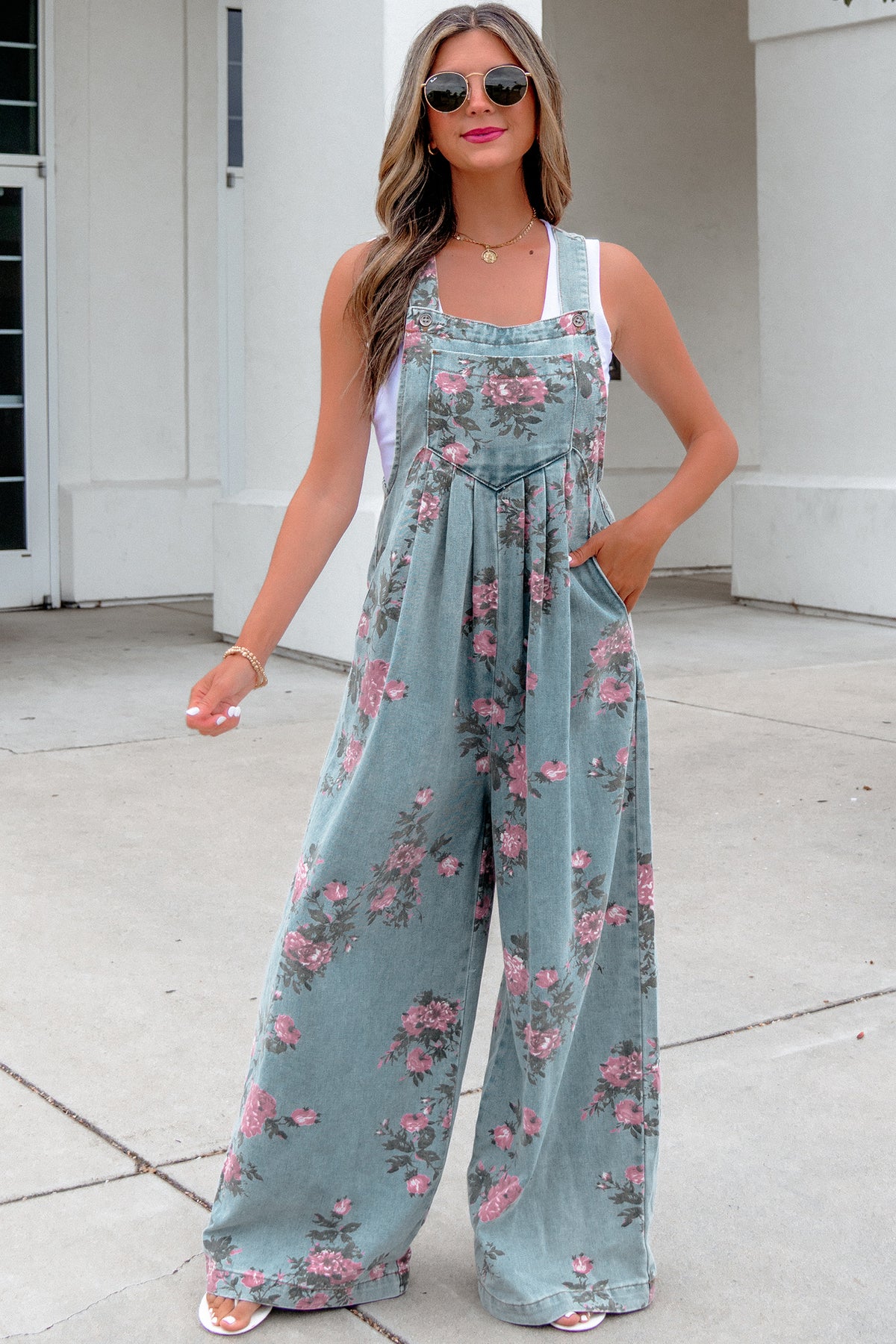 Women's Floral Denim Jumpsuit | Wide Leg High Waist – Agape Beauty