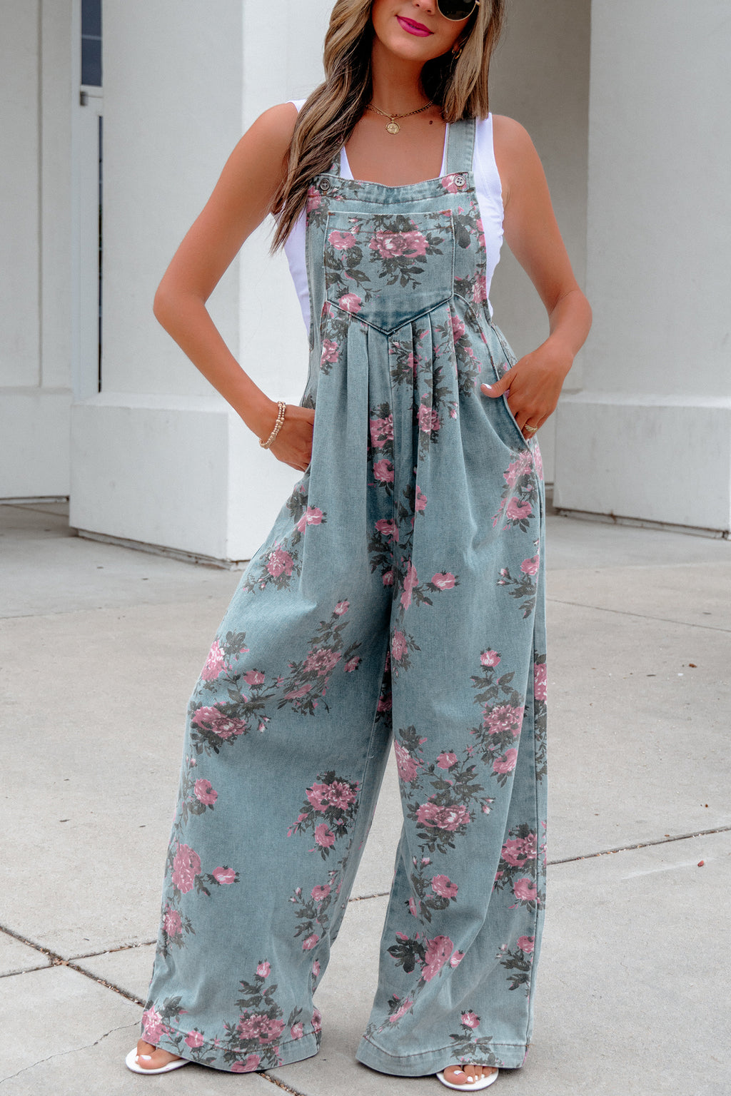 Women's Floral Denim Jumpsuit | Wide Leg High Waist – Agape Beauty