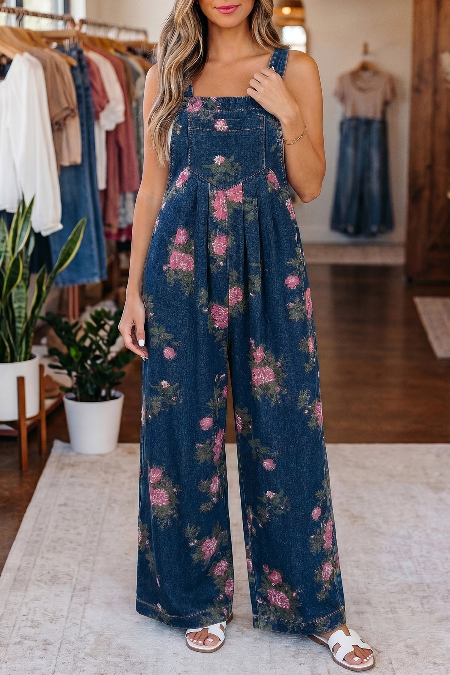 Women's Floral Denim Jumpsuit | Wide Leg High Waist – Agape Beauty