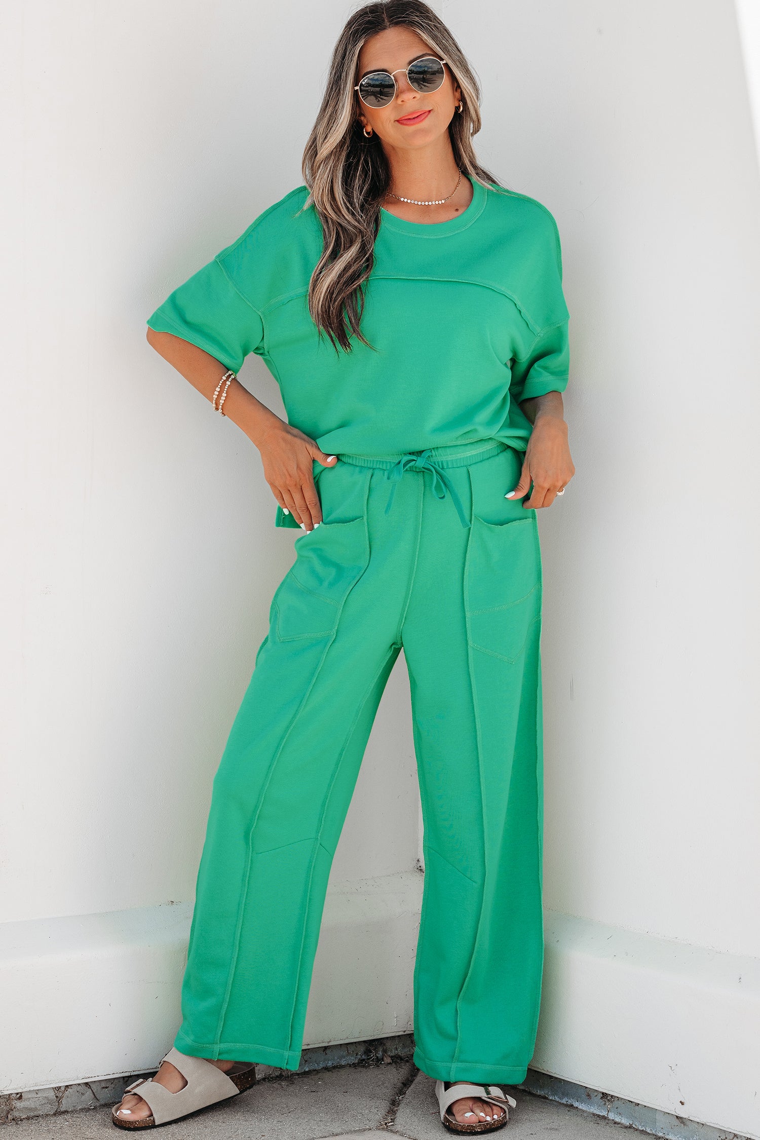 Women's racing mint green drop shoulder boxy tee and barrel pants set