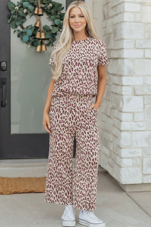 Women's pink leopard print casual tee and pants set