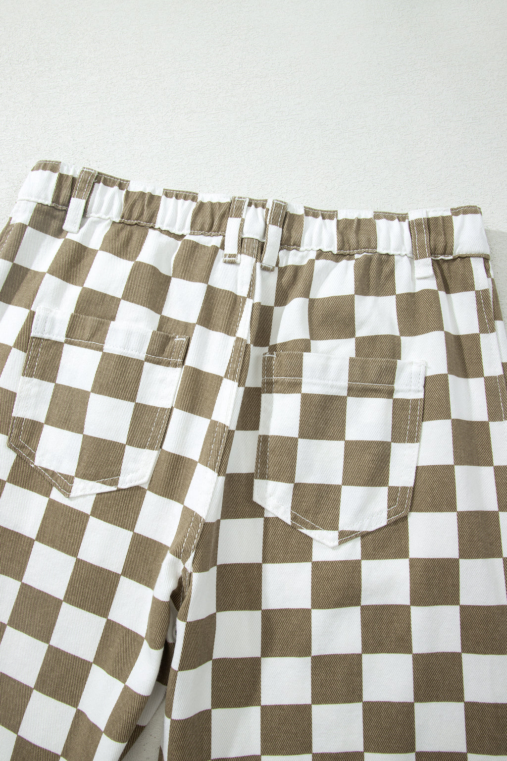 White Checkered Print Denim Barrel Pants