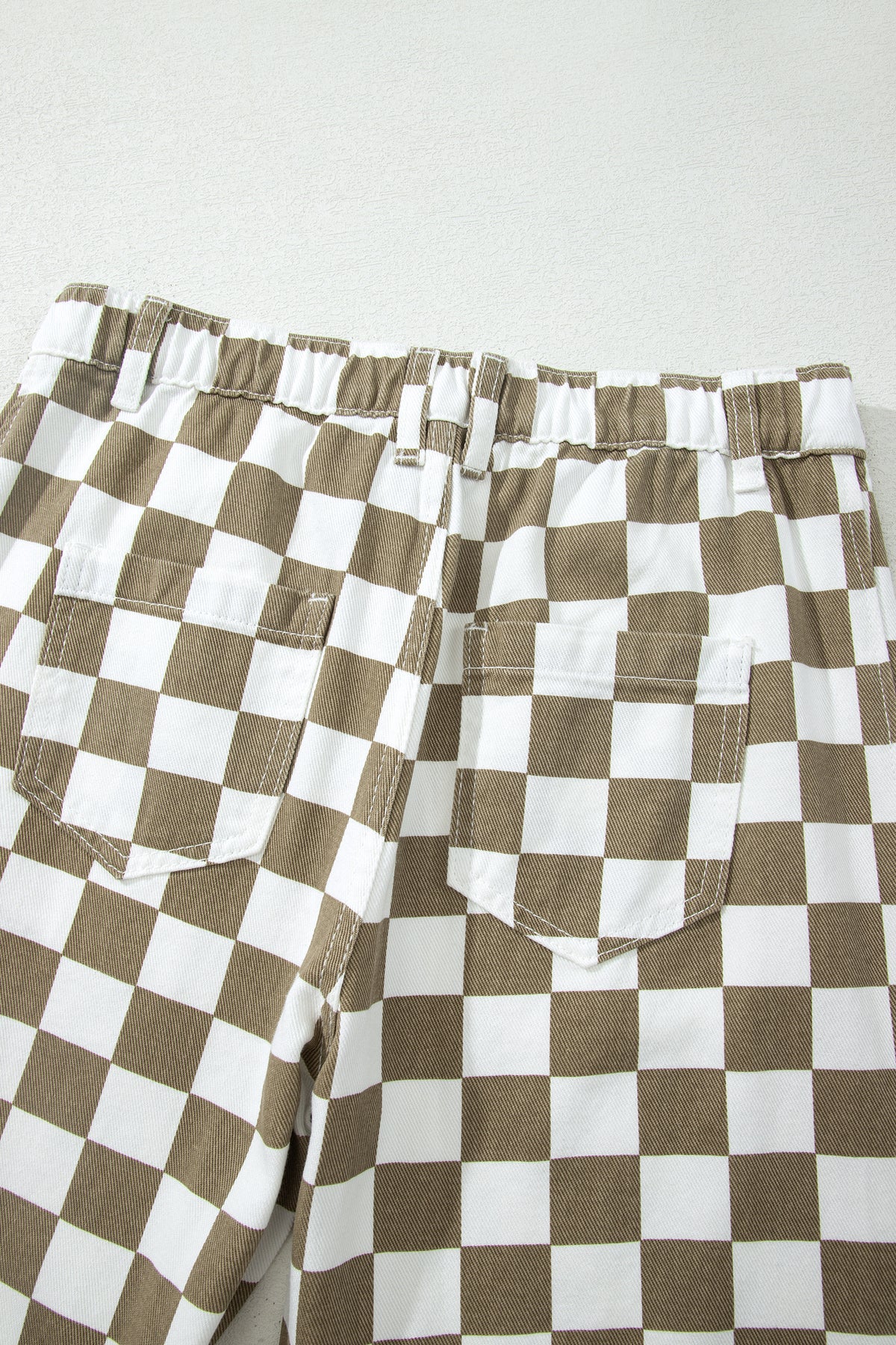 White Checkered Print Denim Barrel Pants