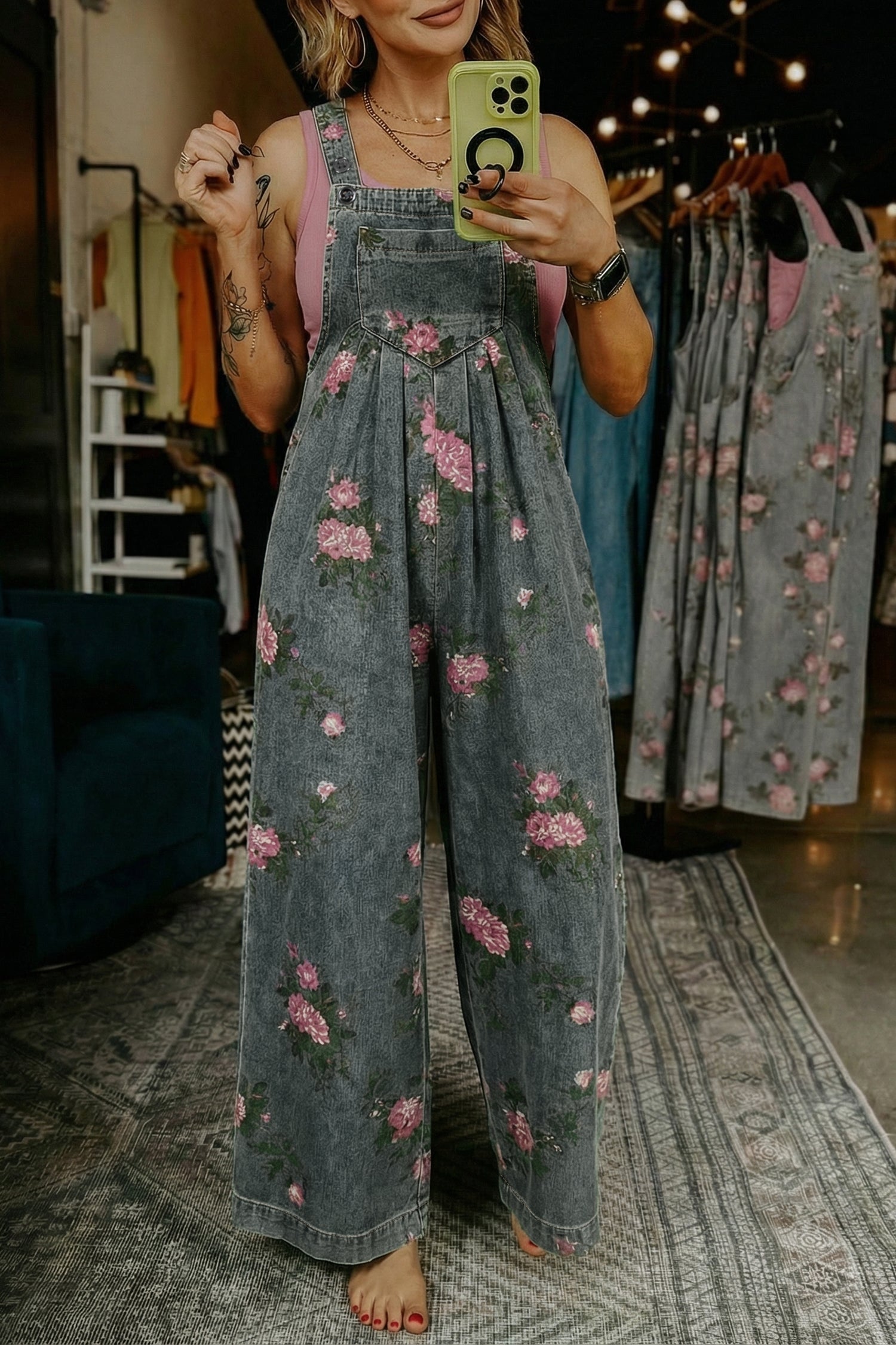 Women's Floral Denim Jumpsuit | Wide Leg High Waist – Agape Beauty