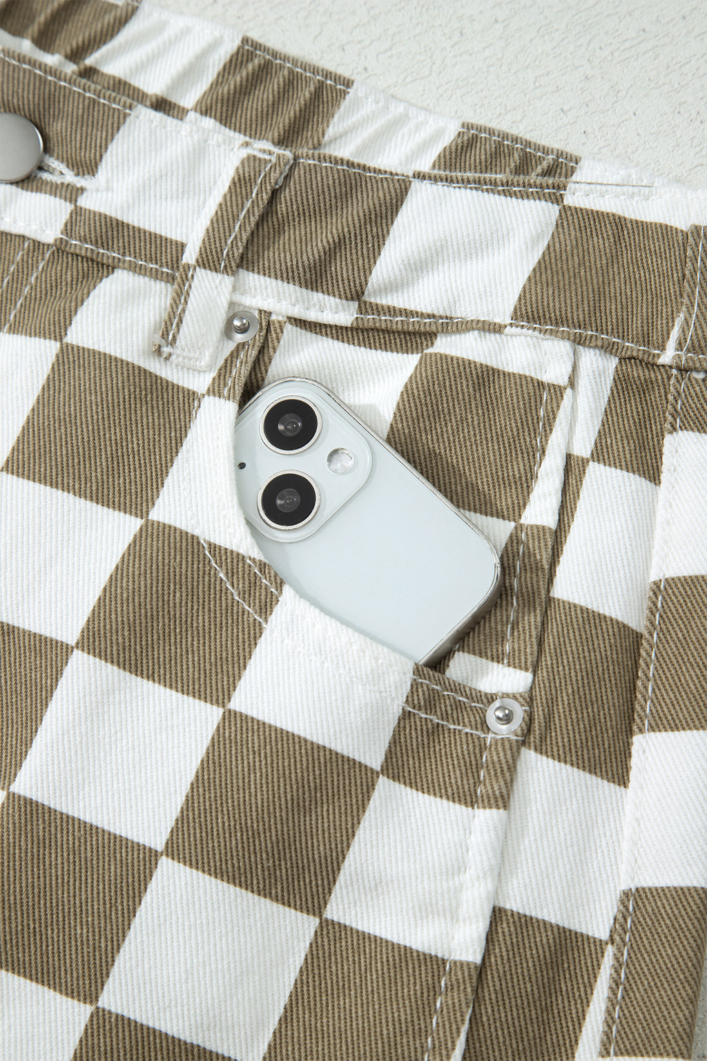 White Checkered Print Denim Barrel Pants