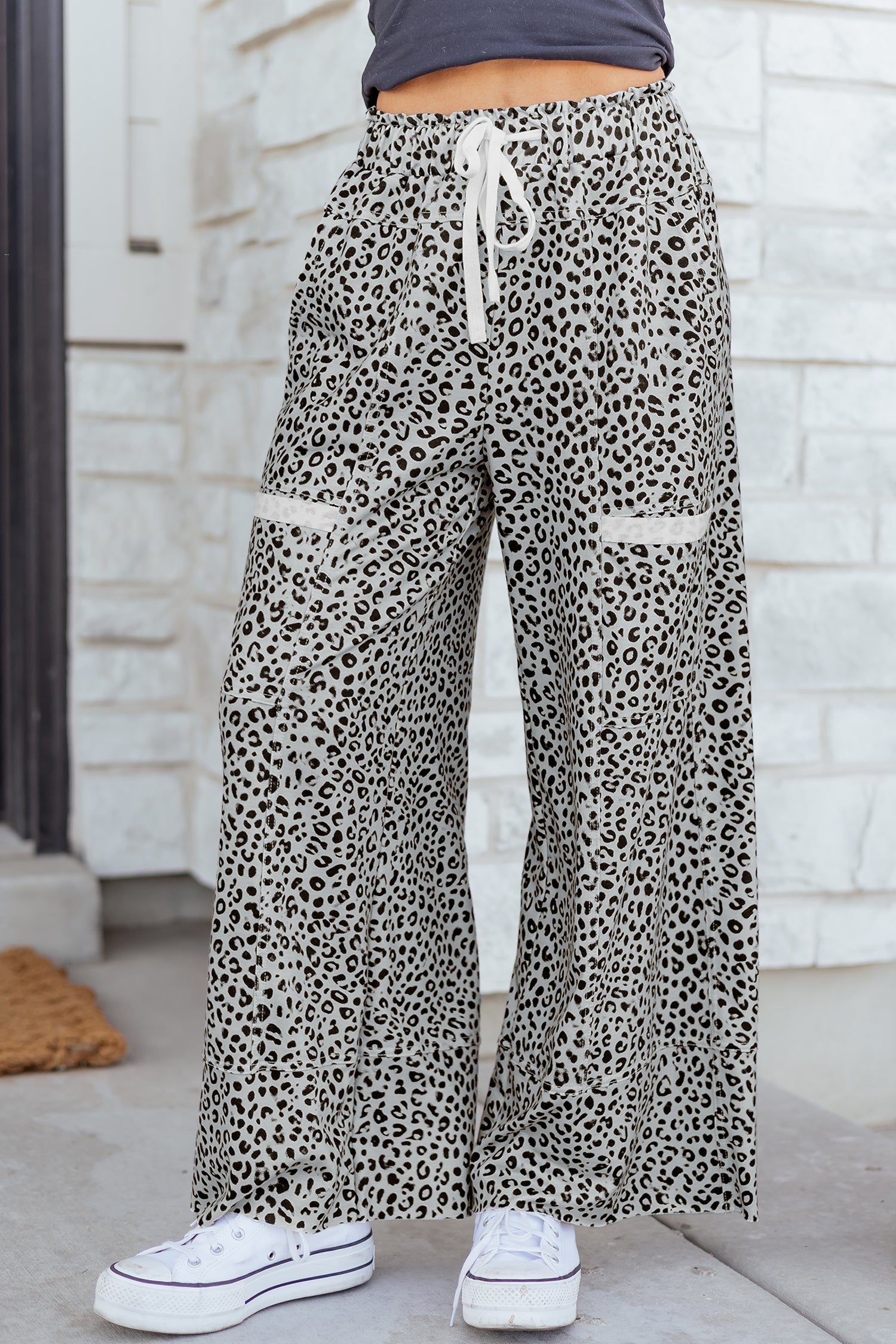 Women's gray animal print wide leg terry knit pant