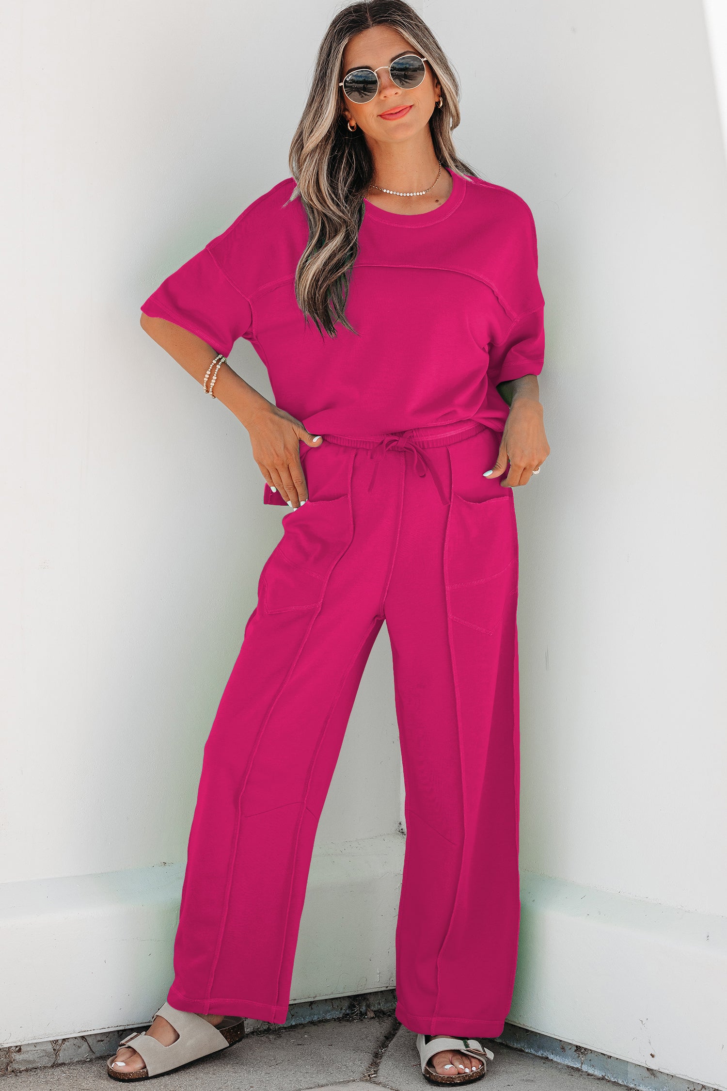 Red Drop Shoulder Tee & Barrel Pants Set | Agape Beauty