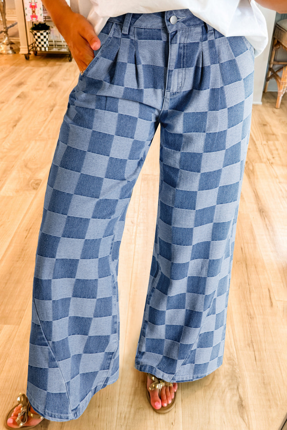 Women's Checkered Denim Wide Leg Jeans | Dark Grey – Agape Beauty
