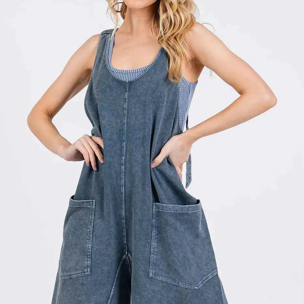 Blue Denim Scoop Neck Sleeveless French Terry Tank Romper