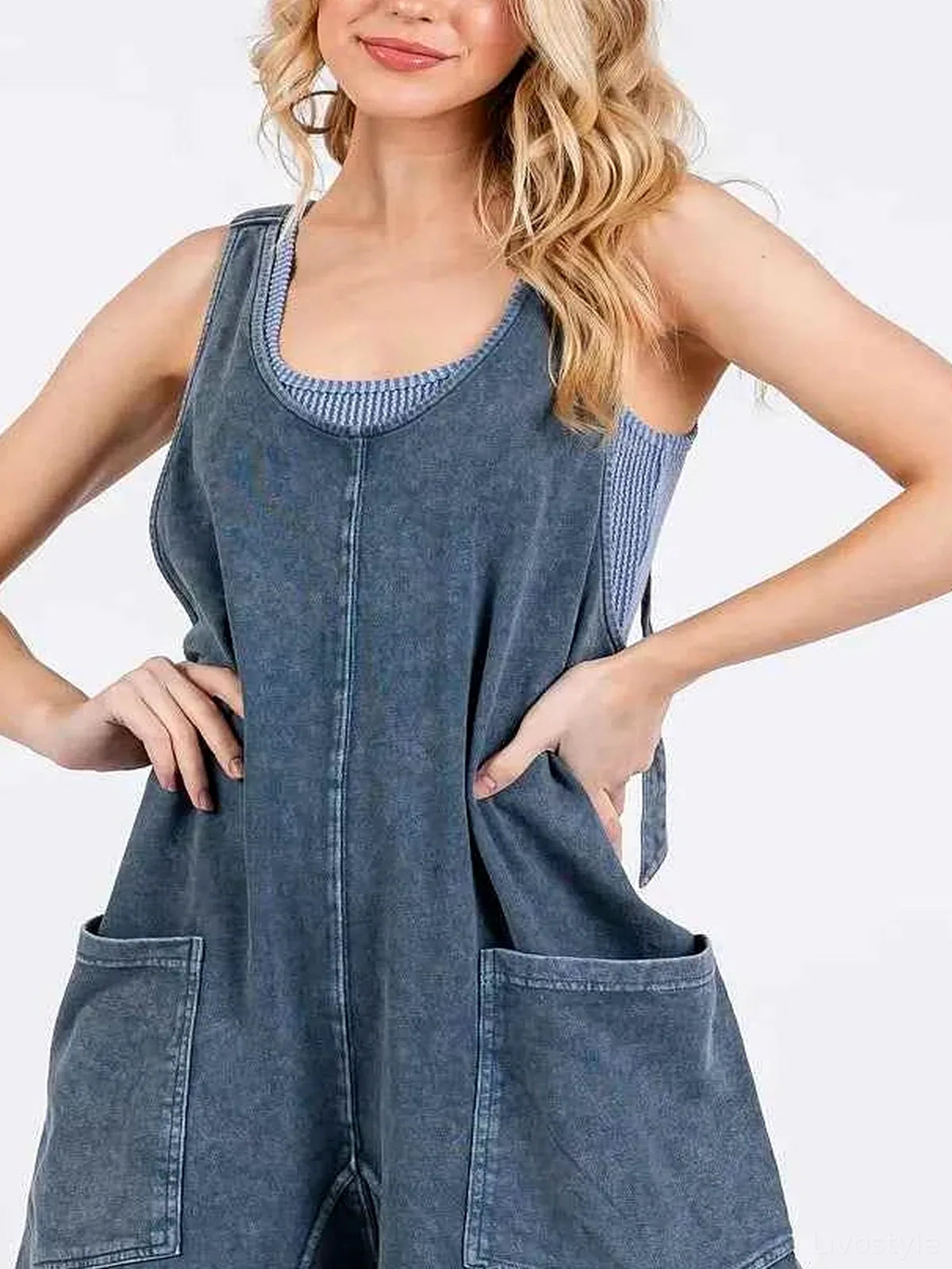 Blue Denim Scoop Neck Sleeveless French Terry Tank Romper