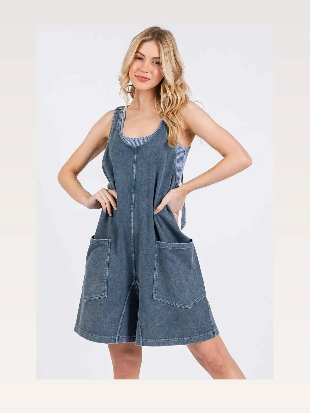 Blue Denim Scoop Neck Sleeveless French Terry Tank Romper