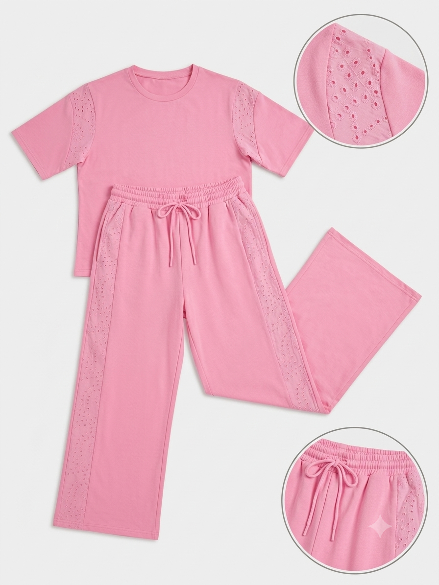 Sachet Pink Lace Patchwork Two-Piece Pant Set
