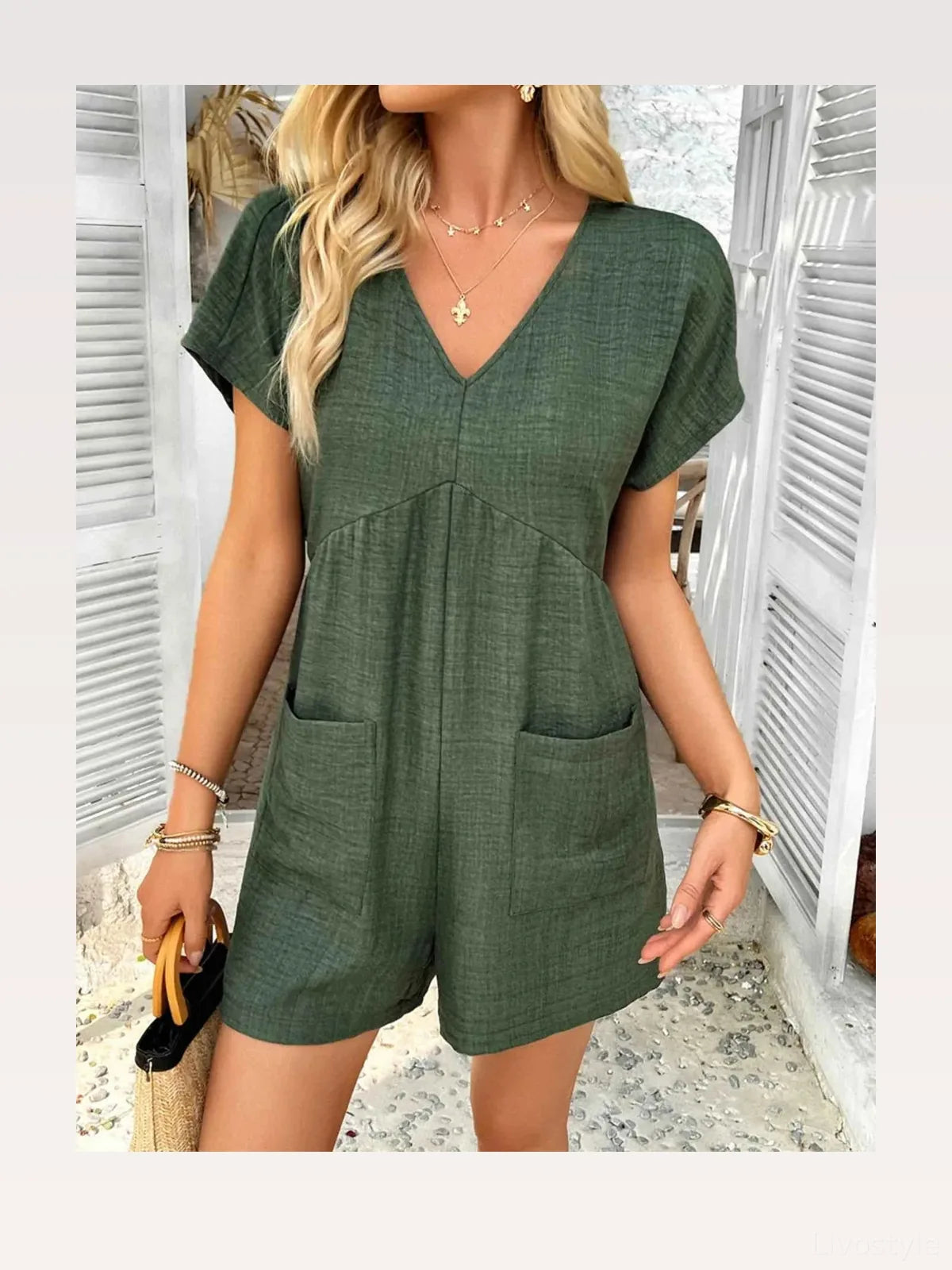 V-Neck Casual Short Sleeve Romper with Pockets