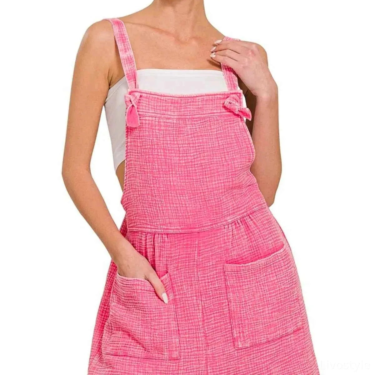 Woven Double Gauze Acid Washed Romper in FUCHSIA