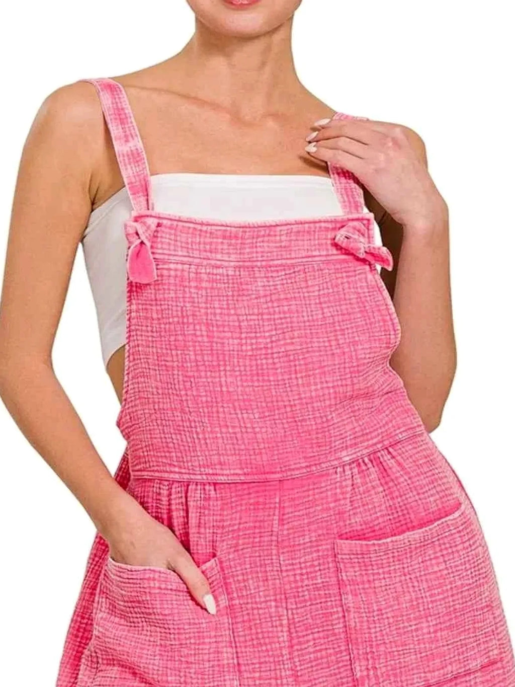 Woven Double Gauze Acid Washed Romper in FUCHSIA