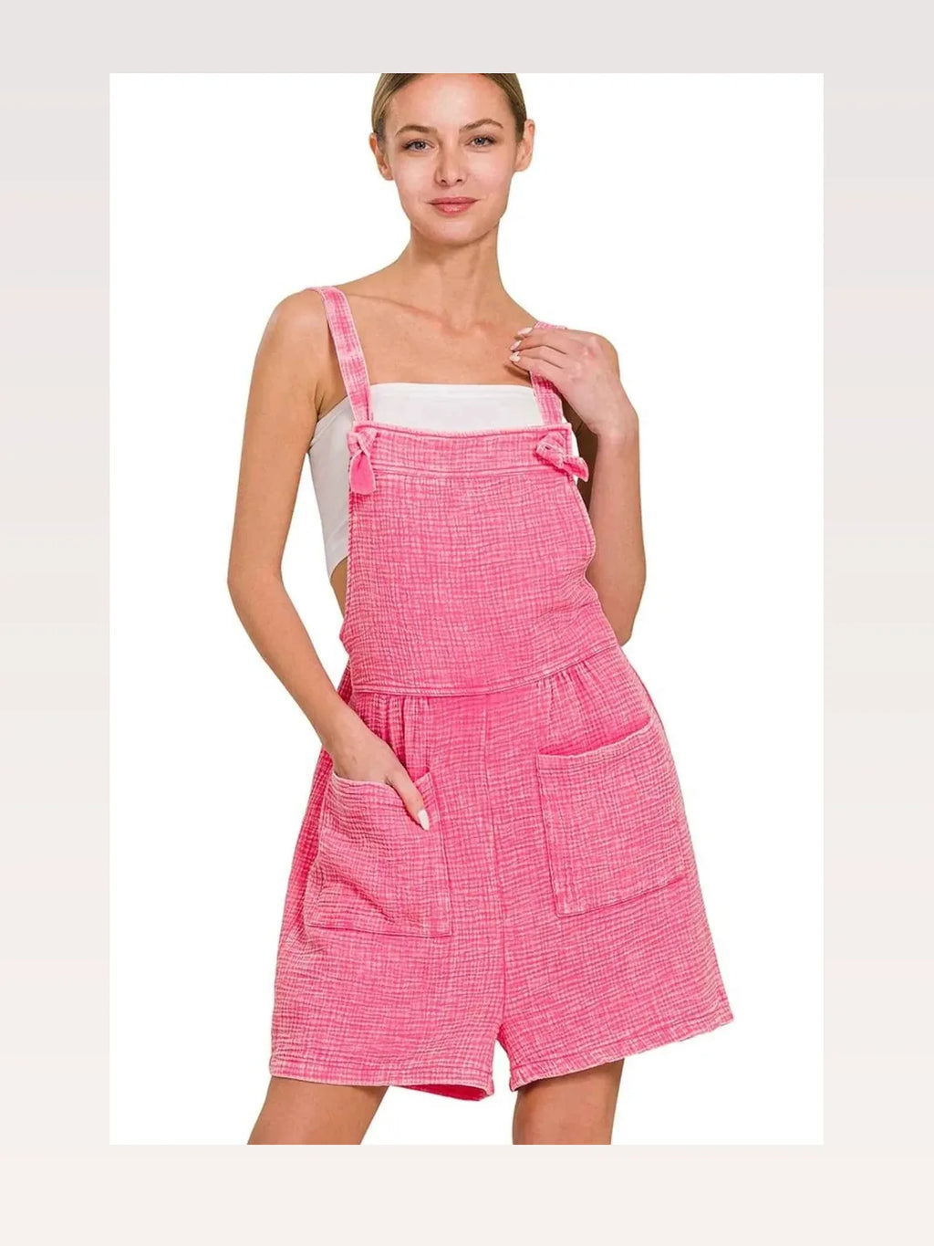 Woven Double Gauze Acid Washed Romper in FUCHSIA
